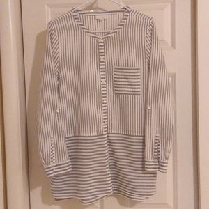 J. Jill Striped Button Down Tunic with Mandrin Collar & 3/4 Tab Sleeves, Size L